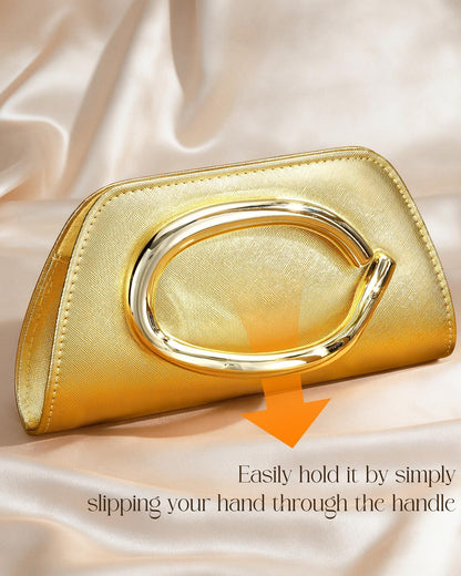 XquiziFit Gold Clutch PU Leather Clutch Purses for Women Metal Handle Evening Bag for Wedding Cocktail Party