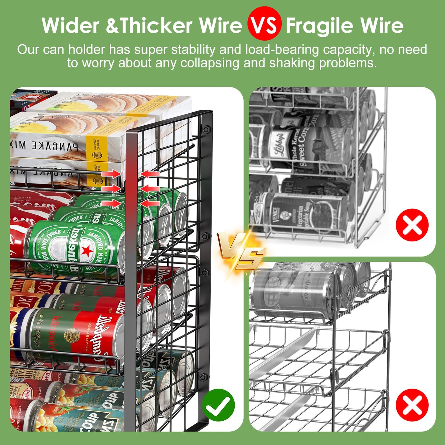 JKsmart 2-Tier Stackable Can Rack Organizer for Pantry, Adjustable Can Dispenser Holds Up to 62 Cans, Can Storage Holder for Various Ounces of Canned Food Soda Drinks, Black, 2 Pack (Petent Pending)