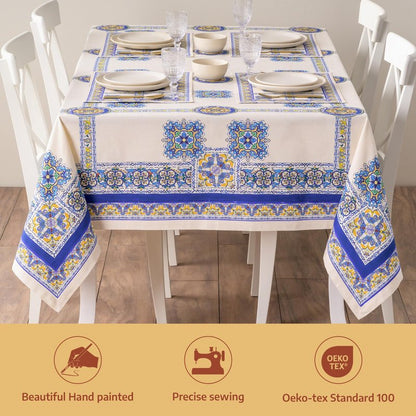 Maison d' Hermine Premium Table Cloth Rectangle Table 100% Combed Cotton 90 x 70 Inches Tablecloth Reusable Decorative for Dining Room, Farmhouse, Home, Party, Festive & Wedding - Sciacca