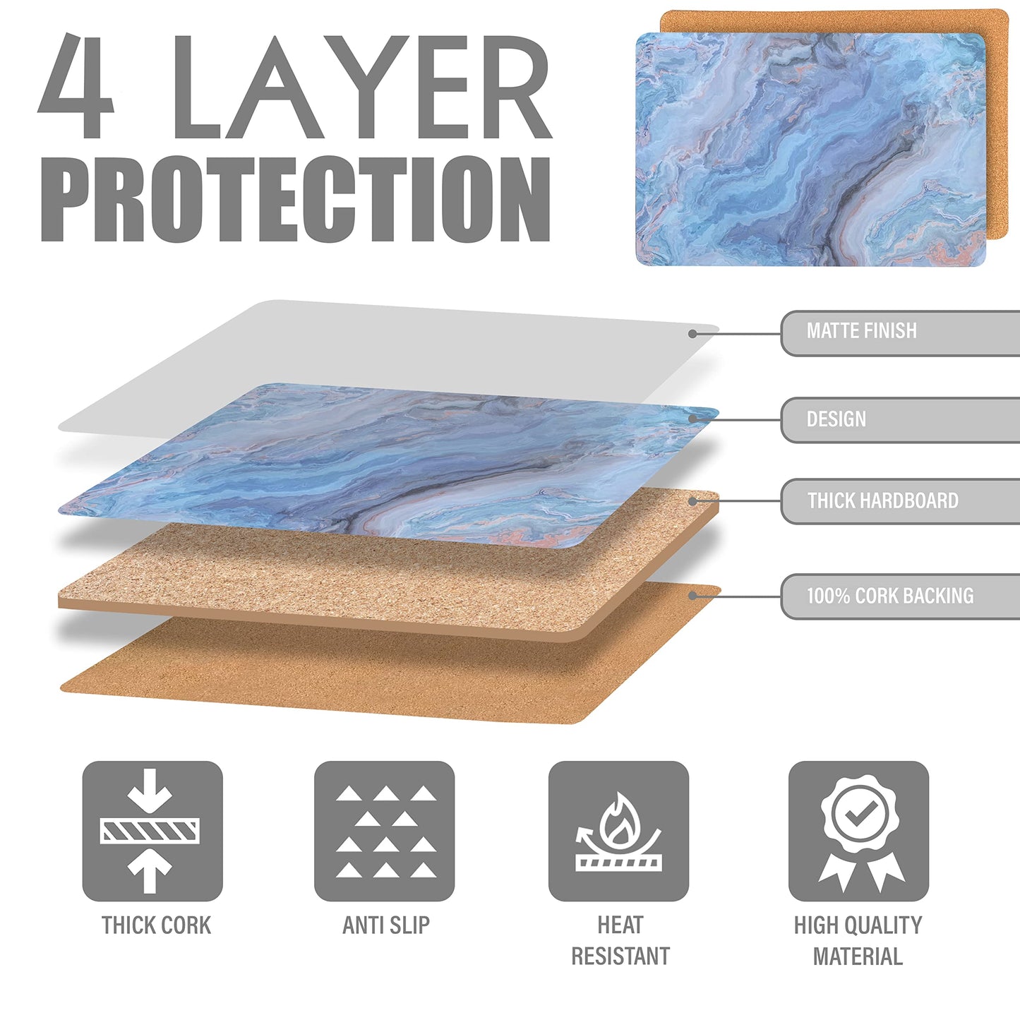 Dainty Home Navy Marble Rectangle Cork Placemats - Heat Resistant, Non-Slip, Easy Clean for Elegant Dining - 12"x18" Set of 8 - Perfect for Stylish, Modern Homes