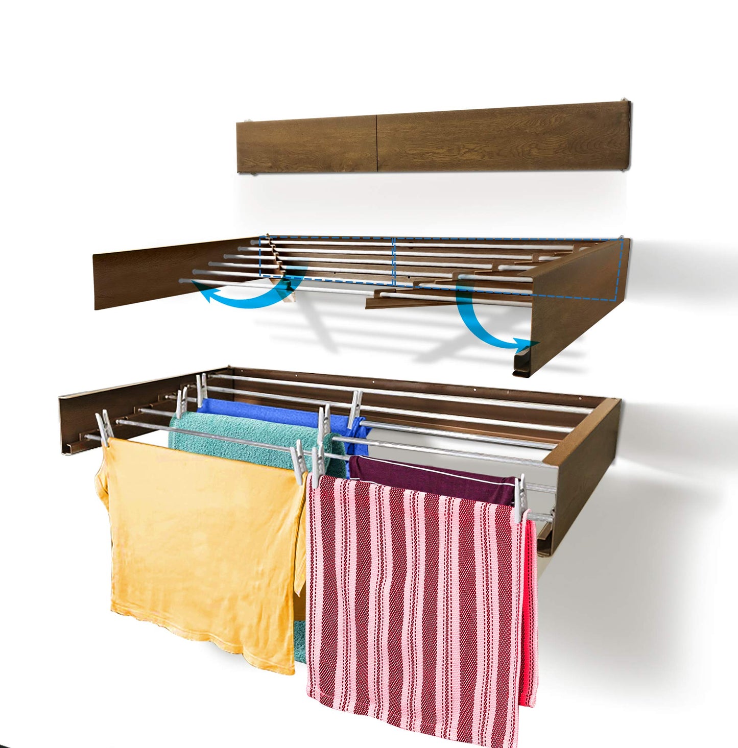 Step Up Laundry Drying Rack (40-INCH Wide - Wood-Look), Wall Mounted, Retractable Clothes Drying Rack, 60lbs Capacity, 20 Linear Ft, with Wall Template and Long Screwdriver Bit