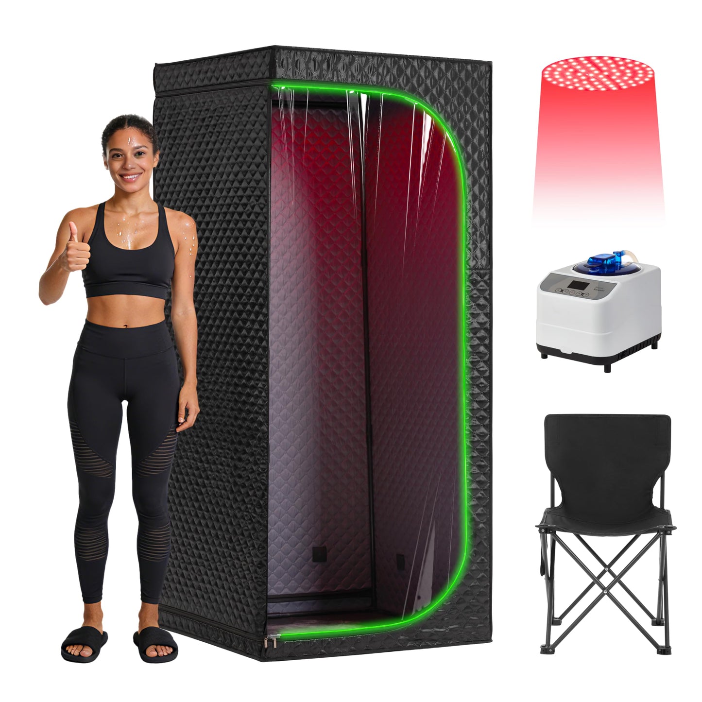UNANEST Portable Steam Sauna Tent for Home, Infrared Sauna, Tent with Clear View Door and Red Light, Black, Full Size Square Sauna for Home, 3L Steamer, 9 Heat Levels