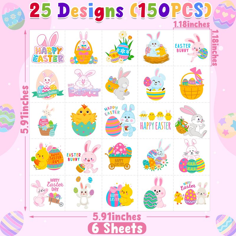 150 PCS Easter Tattoos, 6 Sheets Spring Basket Stuffers Fake Tattoos with Bunny Egg, Cute Individually Stickers for Easter Basket Filler Party Favors Accessories