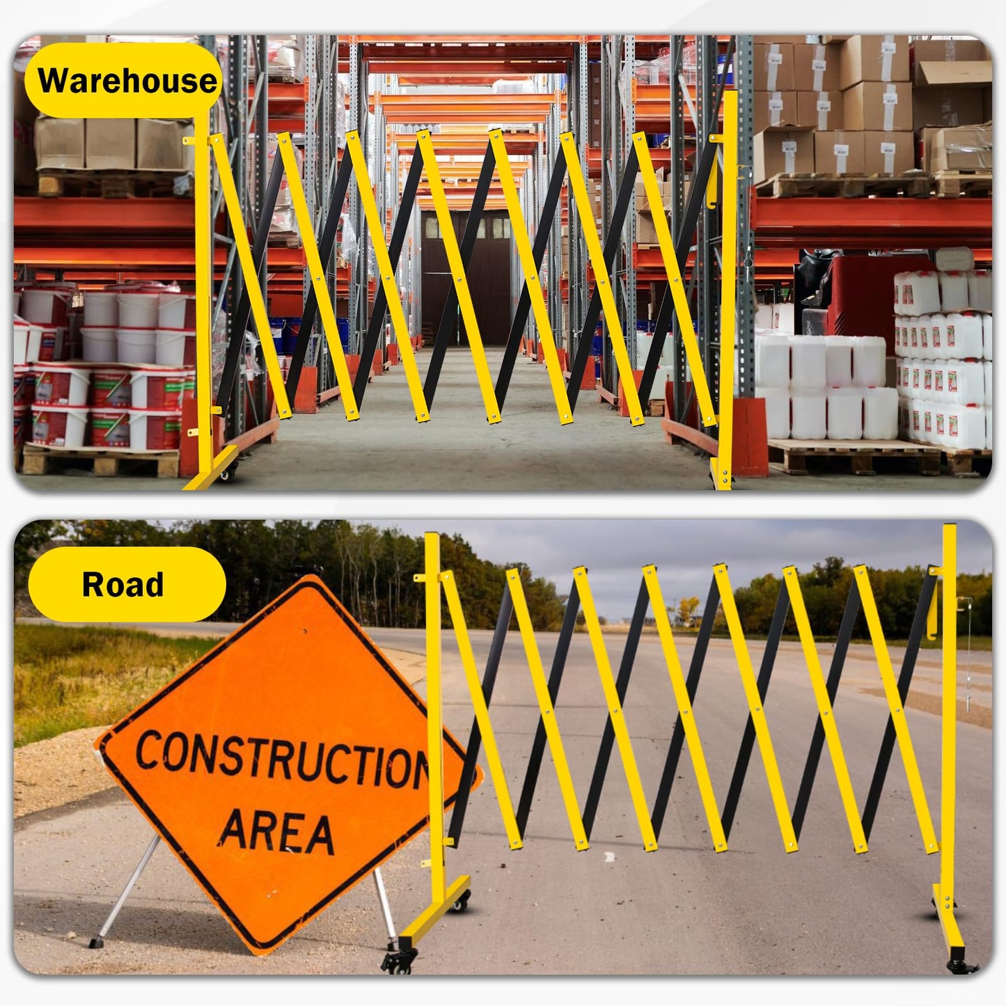Bstyjqxh 11FT Traffic Barricade with Casters, Metal Expandable Barricade, Folding Security Gate, Retractable Fence Outdoor Barricade Fence for Construction Area, Traffic Control, Yellow