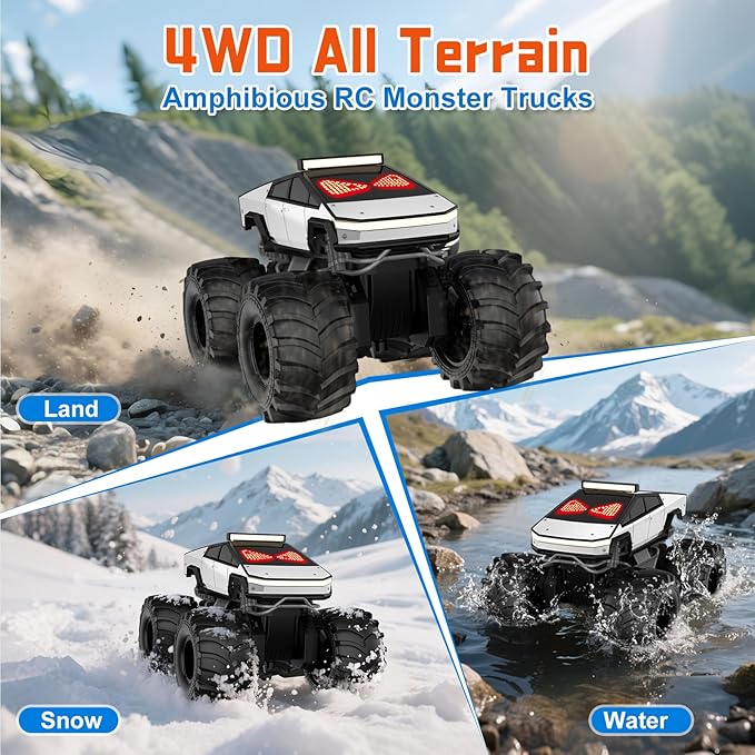 Remote Control Car with LED Eyes Amphibious Monster Truck Boys Toys RC Cars 2.4 GHz Waterproof RC Trucks Rechargeable 4WD All Terrain Off-Road Pickup Boy Christmas Birthday Gifts Kids Toys Ages 6+