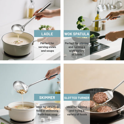 Pleafind Stainless Steel Cooking Utensils Set, 9 Pcs Heat Resistant Kitchen Utensils Set, Nonstick Kitchen Tools Set With Utensil Holder, Metal Spatula Set for Chef, Dishwasher Safe
