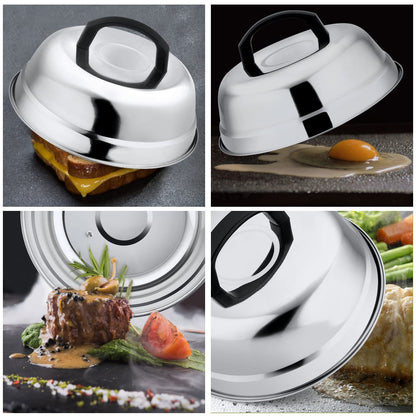 Leonyo 9 Inch Cheese Melting Dome Lid, Stainless Steel Griddle Accessories, Durable Basting Steaming Cover for Teppanyaki Flat Top Griddle Grill, Hamburger Bacon Steak Burger Patties, Plastic Handle