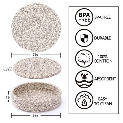 Coga Trivets for Hot Dishes, Trivets for Hot Pots and Pans, 7 Inchs Hot Pads 4 Pcs and Storage Basket for Countertops, Pot Holders for Kitchen, Cotton Table Protector Hot Mats Heat Resistant (Brown)