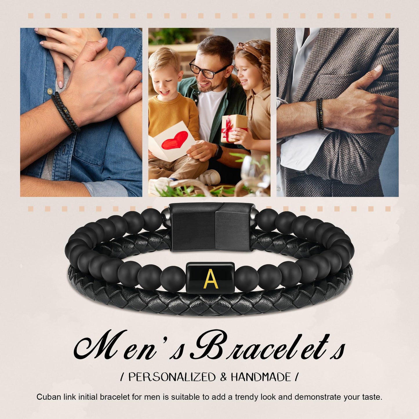 Leather Bracelets for Men with Initial - Men Gifts Matte Agate Bead Magnetic Clasp Gift for Dad Black Mens Leather Bracelets Men's Initial F Bracelet for Men's Jewelry Mens Gifts for Dad Husband