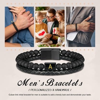 Bracelets for Men - Men Gifts Matte Agate Bead Magnetic Clasp Black Mens Leather Bracelet with Initial Black Mens Leather Bracelets Initial V Bracelet for Men's Jewelry Men's Gifts for Dad Husband Him