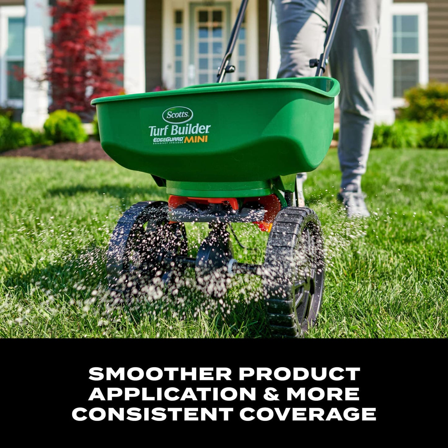 Scotts Turf Builder EdgeGuard Mini Broadcast Spreader - Spreader for Lawn Fertilizer, Weed & Insect Control, Grass Seed, and Ice Melt, Holds Up to 15,000 sq. ft. of Product