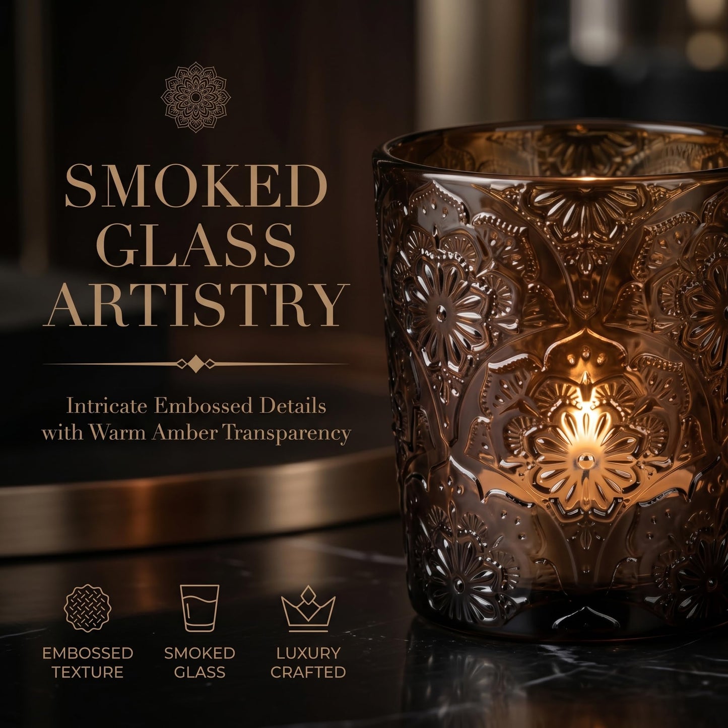 6 Pack Mandala Embossed Glass Candle Holders – Votive Tealight Holders with Patent Design, Decorative Embossed Glass Cups for Wedding Centerpieces, Parties, and Home Décor (Chestnut Brown)