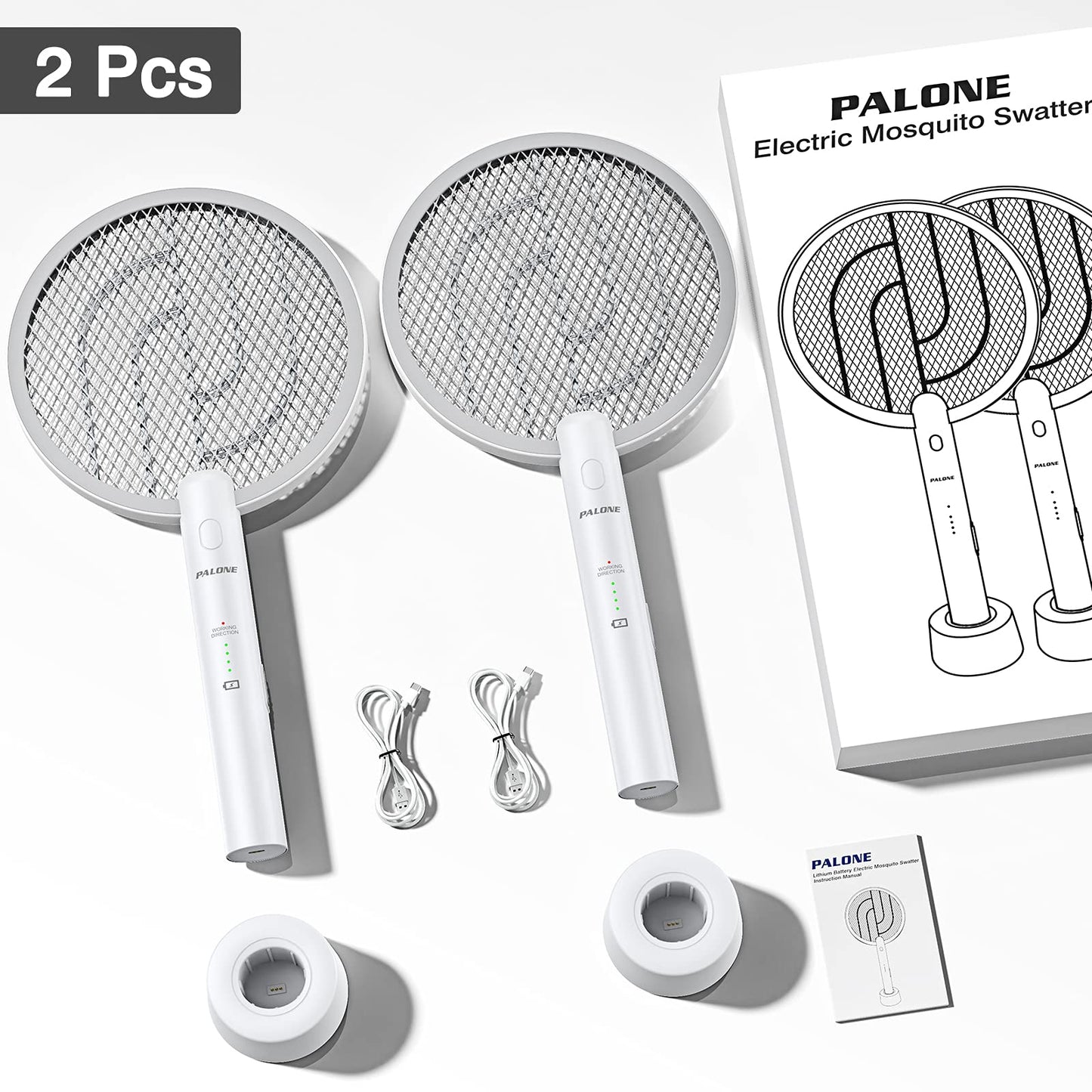PALONE Electric Fly Swatter 3000V Bug Zapper Racket 2 in 1 Fly Swatter with 1200mAh Battery Rechargeable Mosquito Killer Lamp with 3 Layers Safety Mesh for Indoor and Outdoor (2 Pack)