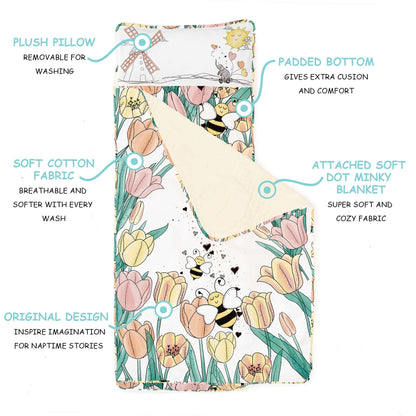 JumpOff Jo Extra Long Nap Mat for Kids - Cozy Kids Rest Mat with Removable Pillow and Ultra Soft Blanket for Preschool, Daycare, and Sleepovers - Tulip Fields