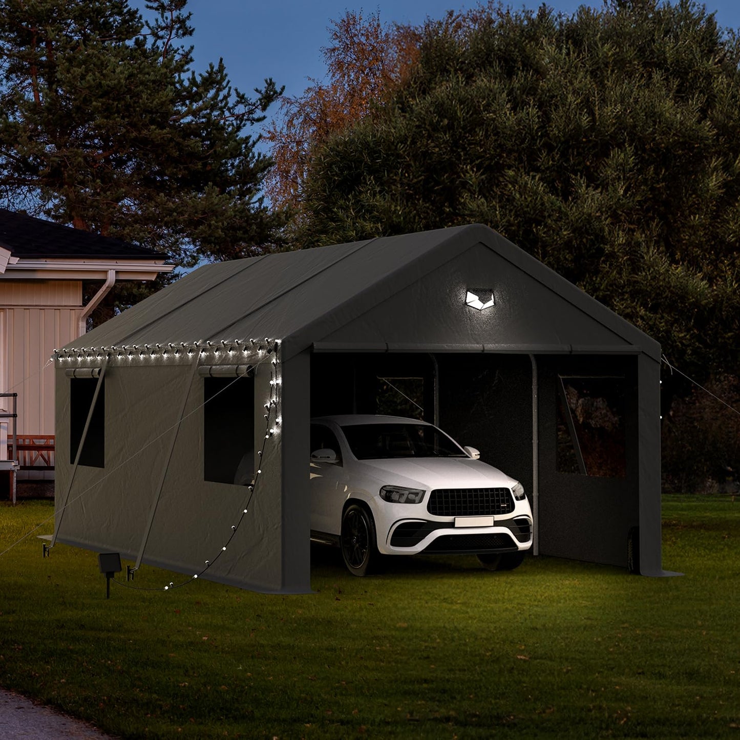 Benass 12x20 FT Heavy Duty Carport Canopy, Drive-Through Portable Garage with Roll-up Doors, Screened Windows, Removable Sidewalls, All-Weather Waterproof Shelter for SUV, Boat & Outdoor Storage
