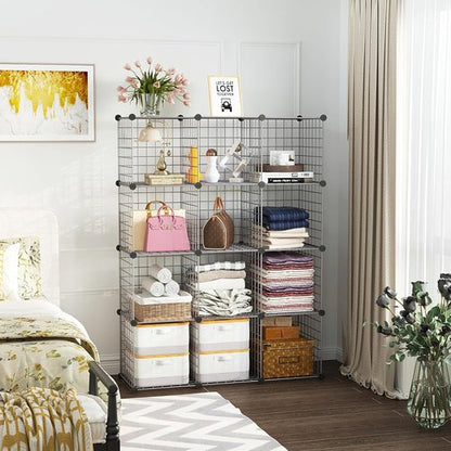 C&AHOME Wire Cube Storage - 12-Cube Organizer with Modular Metal Grids | Ideal for Home & Office, Silver Gray 36.6”L x 12.4”W x 48.4”H