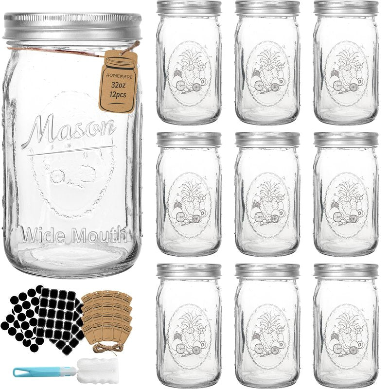 CycleMore Wide Mouth Mason Jars 32 oz, 12 Pack Large Glass Mason Jar with Metal Airtight Lids and Bands, 1 Quart Canning Jars for Pickling, Fermenting, Food Storage & DIY Projects