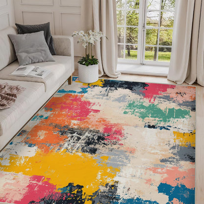 5x7 Colorful Area Rug Modern Abstract Beige Orange Yellow Pink Blue Black White Grey Rug Bedroom Low Pile Thin Large Carpet Living Room Non Slip Dining Room Stain Resistant Office Washable Machine