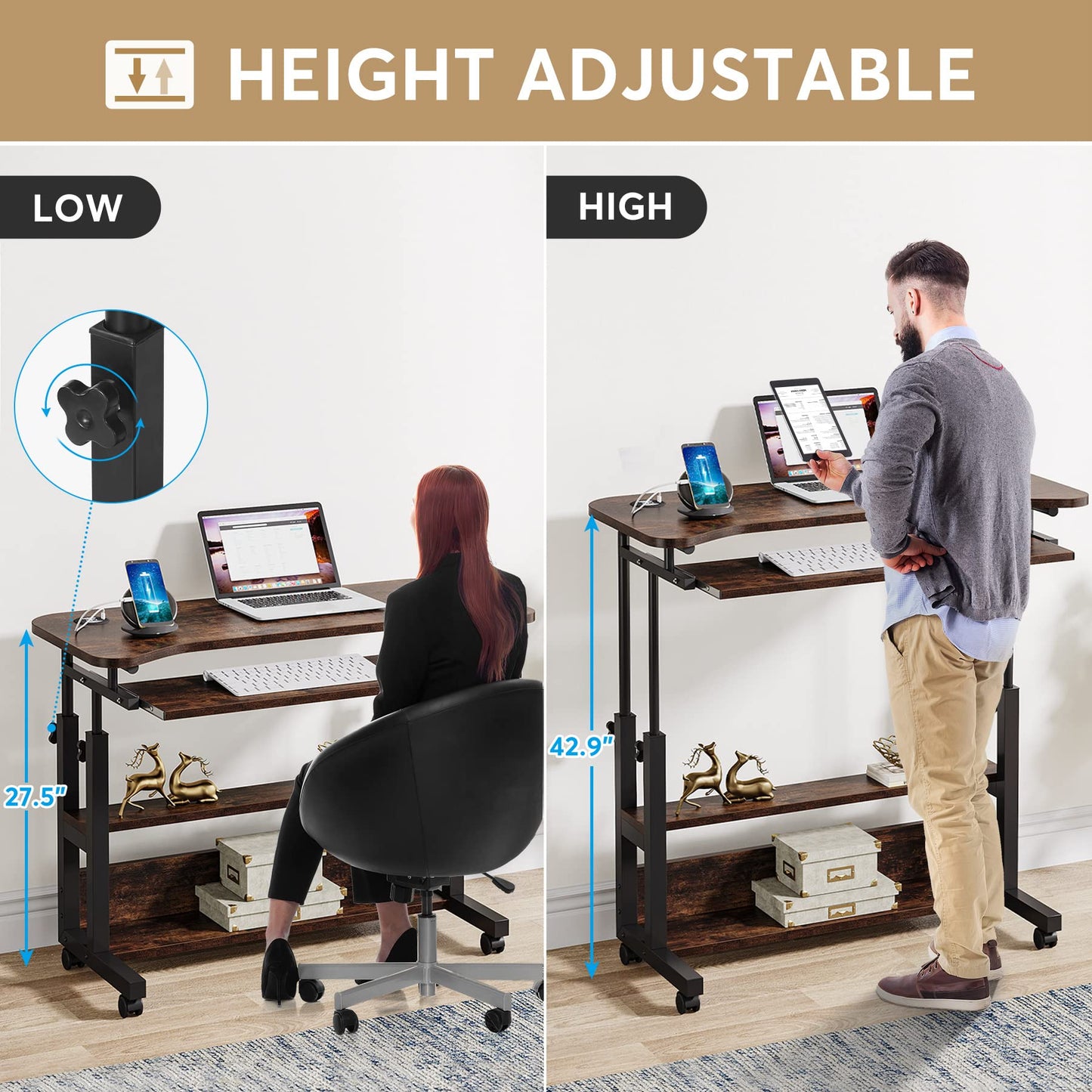 Tribesigns Portable Desk with Power Outlets, Height Adjustable Side Table Sofa Couch Bedside Laptop Computer Cart with USB Charging Ports, Mobile Small Standing Desk with Keyboard Tray