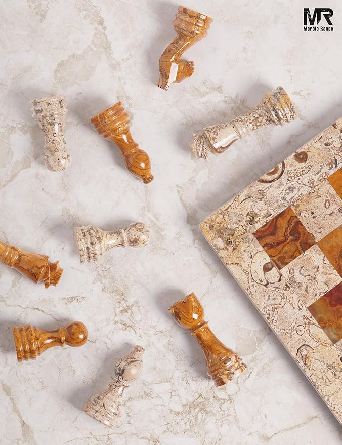 Marble Chess Set 12 Inch Handmade Coral &amp Dark Brown Board Game with Storage Box Classic Travel Chess Set for Adults with Pieces &amp 2 Extra Queens Elegant Home Décor