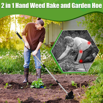 Poiyham 2-in-1 Hoe Garden Tools, 17-58" Weed Puller Tool with Long Handle, Heavy Duty Handle Garden Hoe and Weed Rake, Hoes for Gardening Yards Lawns Gardens Weeding