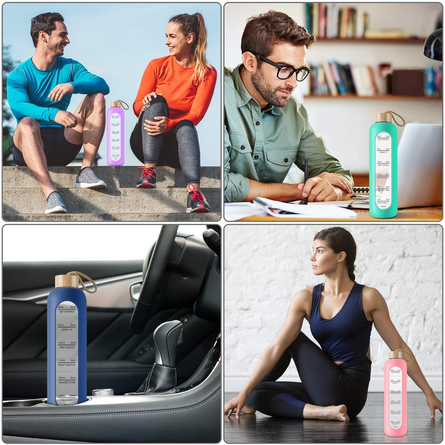 PROBTTL 32 Oz Borosilicate Glass Water Bottle with Time Marker Reminder Quotes, 1 Liter Leak Proof Reusable BPA Free Motivational Water Bottles with Silicone Sleeve and Bamboo Lid (Navy Blue)