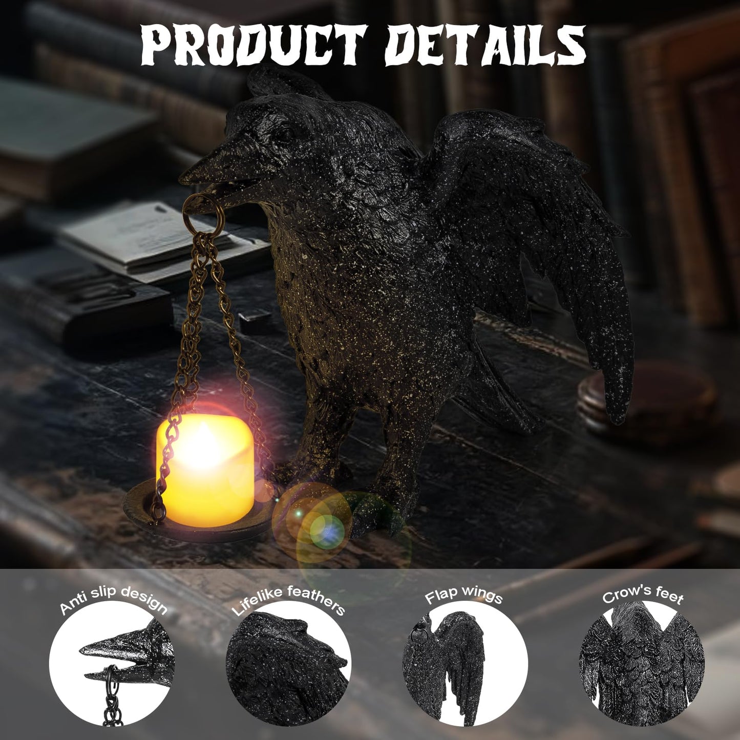 Halloween Decorations Spread Wings Raven Candle Holder Outdoor Garden Statue for Patio Decor Gothic Home Decor Black Stone