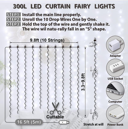 HXWEIYE 300LED Fairy Curtain Lights, 9.8x9.8Ft USB Plug-in 8 Modes Christmas String Hanging Lights with Remote for Bedroom Backdrop Wedding Indoor Wall Decor, White, Standard – 1 Pack