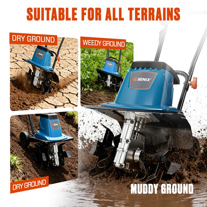 SENIX Electric Corded Garden Tiller & Cultivator, Steel Tines, 8 Amp, 12″ Till Width,8″ Till Width 3-Position Wheel Adjustment-Heavy Duty Gardening Machine Equipment for Lawn, Yard, & Grass