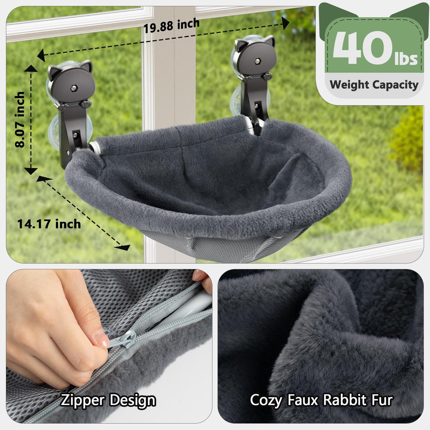 JUNSPOW Cat Window Perch Cordless, Foldable & Stable Cat Beds- Breathable Cat Window Hammock for Overlooking, Sunbathing and Climbing - Maximum Hold Up to 40lb