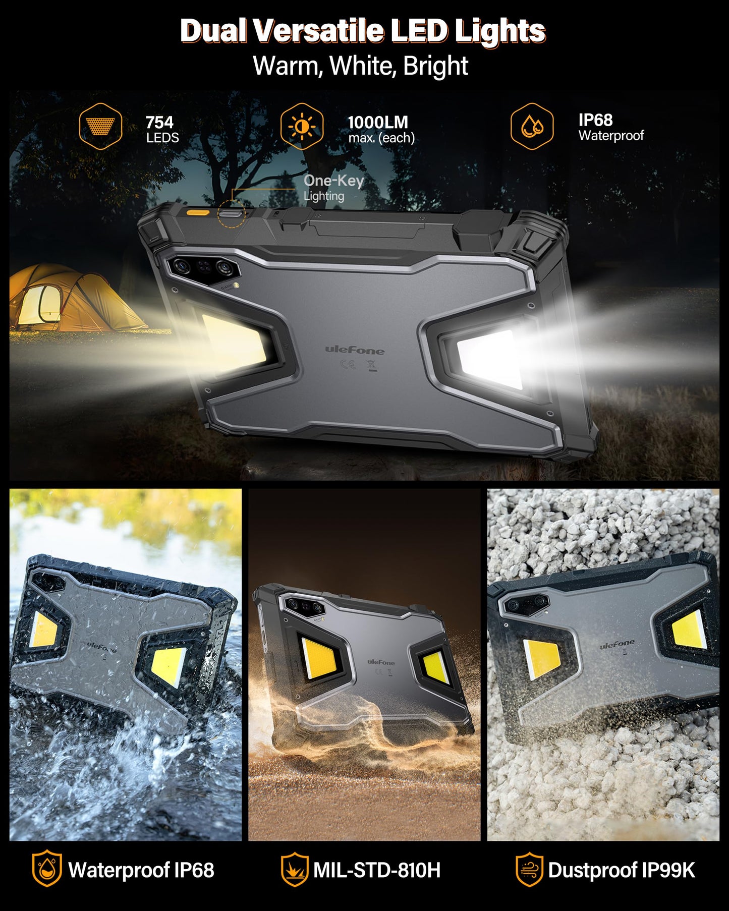 Ulefone Armor Pad 5 Pro & Digital Microscope C01, 5G Rugged Tablet, Dimensity 7400X 32GB+512GB/2TB Expansion, 24200mAh(120W), 11" FHD+ Screen, IP68/69K, 64MP+64MP, 32MP, Dual LED Lights/Warning Lights