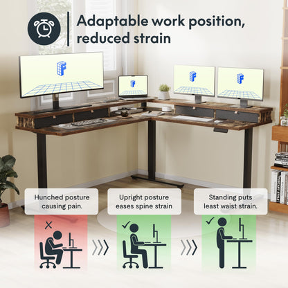 FLEXISPOT 63" L Shaped Standing Desk Electric Corner Table with Shelf, 4 Storage Drawers, Adjustable Computer Workstation for Home, Office, Game, Studio, Rustic Brown Top + Black Frame