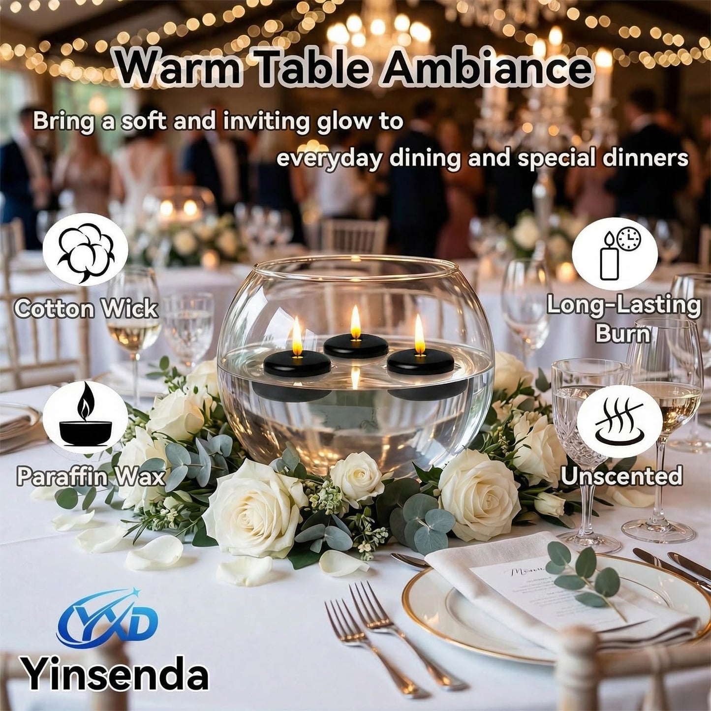 Yinsenda 12 Pack Black Floating Candles - 3 Inch Unscented Round Candles, 7-9 Hrs Long Burning for Cylinder Vases, Wedding Centerpieces, Parties & Bath Décor