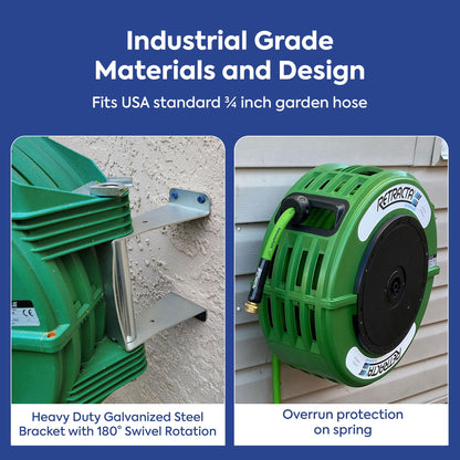 Macnaught Retractable Garden Hose Reel, 60 Ft Water Hose Reel Heavy Duty Retractable Hose with Metal 180° Swivel Rotation Bracket for Wall Mount - Green
