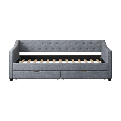 Ball & Cast Twin Size Daybed with Two Drawers and Linen Upholstered,Wood Bed Frame w/Button Tufted Back and Waved Shape Arms,Slats Support,for Apartment,Bedroom,Light Grey