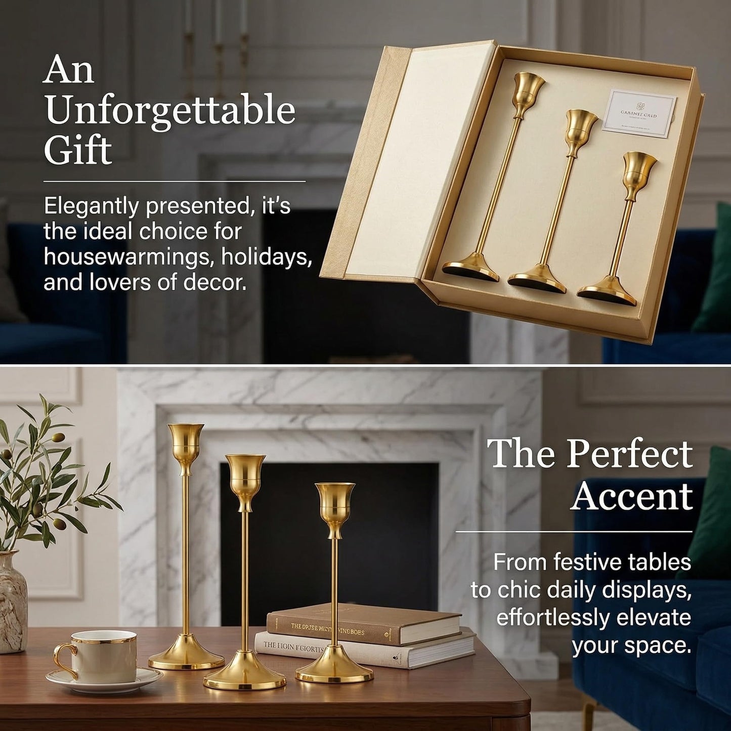 SylvaCraft Brass Gold Candle Holders Rustproof Taper Candlestick Holders for Holiday Party Table Centerpiece Wedding Fireplace Mantel Housewarming Gift(4 Sets(12 Pcs))