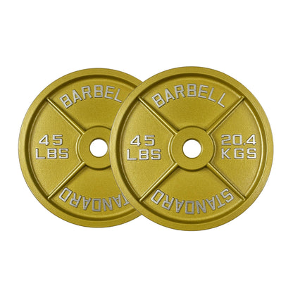 Gold Finish Olympic Steel Plates - Pairs and Sets 2 Inch Barbell Standard in Premium Gold for Weight Lifting (335lb Set)