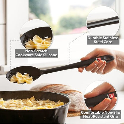 DI ORO Silicone Cooking Spoons - Heat-Resistant 600°F Non-Stick Utensils | Large Solid & Slotted (2pc, Black)