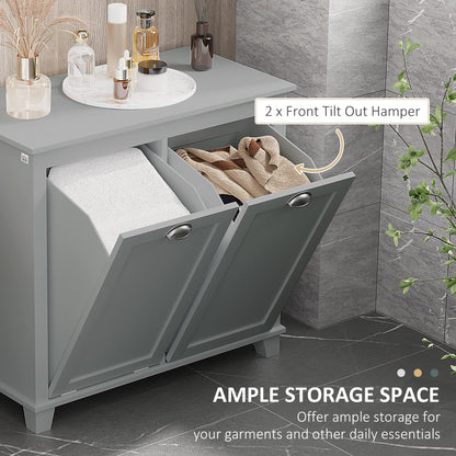 Tilt Out Laundry Sorter Cabinet, Bathroom Storage Organizer with Two Compartment Tilt Out Hamper, Gray