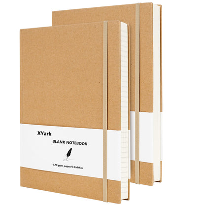XYark Large B5 Blank Notebook Journals, Plain Kraft Hardcover Sketchbook Subject Composition Notebooks Planner with Unlined Paper, 2 Pack, 120GSM, 102 Sheets, 7.6x10 inch, Travel Journal Set