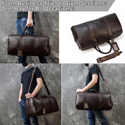 Yevabo Genuine Leather Duffel Bag for Men & Women, Cabin Friendly Carry-On Weekender Bag for Gym Travel Overnight Trips, Brown