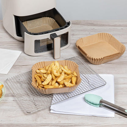 Restaurantware-Pastry Tek 6.3 x 6.3 x 1.8 Inch Air Fryer Liners, 100 Square Air Fryer Baskets - No-Stick Silicone Coating, Unbleached, Food-Grade Paper Liners, For Steamer, Microwave, Oven, Fry Pan