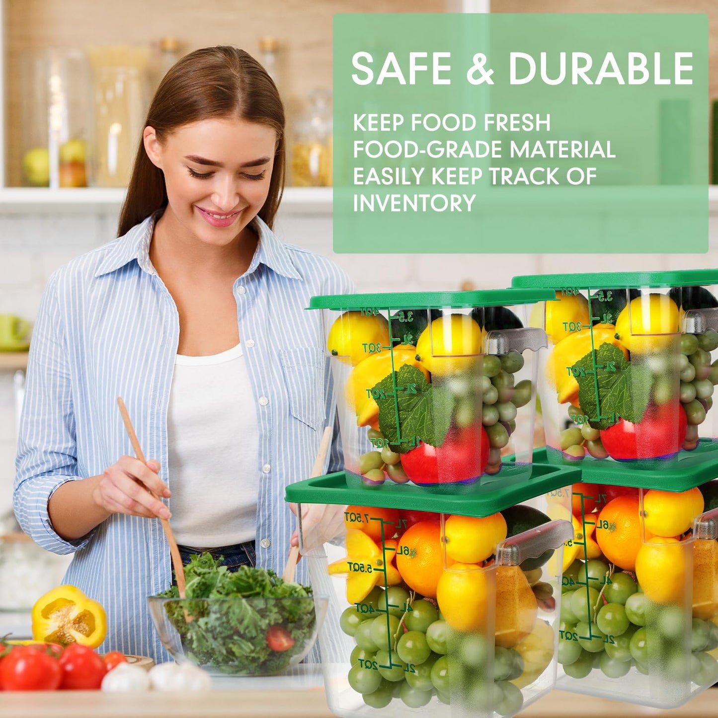 Lallisa 4 Pcs 8qt & 4qt Clear Food Storage Containers with Lids Handles and Scales, Stackable Plastic Square Food Storage Containers for Dough Proofing Baking Kitchen Restaurant(Green)