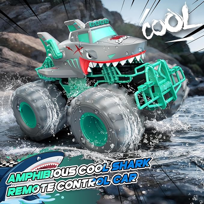 Waterproof Shark Remote Control Car 1:16 Amphibious RC Cars 4WD All Terrain Off Road Monster Trucks Toys RC Truck Toys for Kids 3-5 6-8 8-12 Year Old Boy Birthday Gift Gray