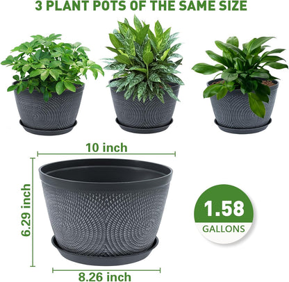 Quarut 10 Inch Flower Pots - 3 Pack Plastic Planters with Drainage Hole & Tray | Modern Gray Garden Pots