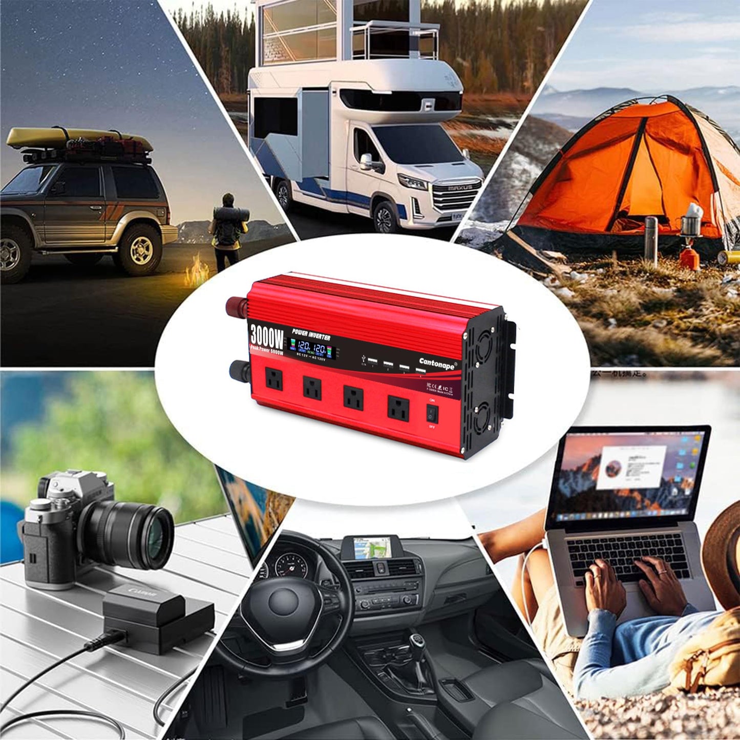 Cantonape 3000W Power Inverter 12V to 110V/120V DC to AC with LCD Display, Remote Controller 4 x AC Outlets and 4 x 3.1A USB Car Adapter for Car Truck Boat RV Solar System