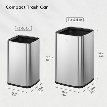 EKO 2-Pack Open Top Trash Can with Removable Inner Basket, Square Small Garbage Can, 1.8 + 3.2 Gallon Wastebasket Combo for Kitchen, Bathroom, Office, Home (Stainless Steel)