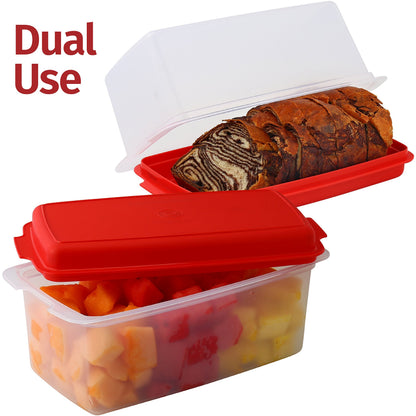 Bread Box -Dual Use Bread Holder/Airtight Plastic Food Storage Container for Dry or Fresh Foods -2 in 1 Bread Bin- Loaf Cake Keeper/Baked Goods -Keeps Bread Fresh- Red and Clear Cover - (Red)