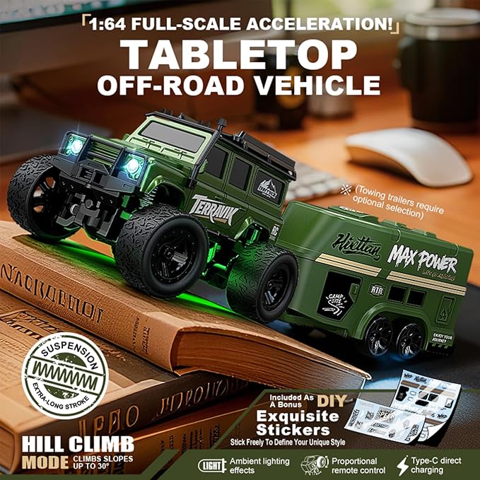 1:64 Scale Mini RC Crawler with Gyro Full Proportional RTR 2.4Ghz Remote Control Truck with RGB Lights (E88-Blue)