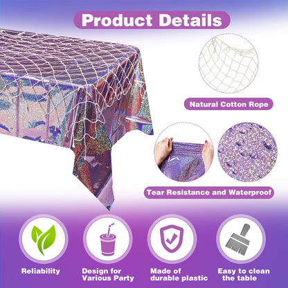 Oudain 12 Pcs Mermaid Tablecloth Fish Net and Iridescent Plastic Table Cloth Decorations Set for Mermaid Birthday Decorations,Ocean Summer Sea Theme Party Baby Shower (Purple,Blue,Pink)